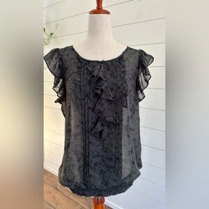 EXPRESS BLACK FLORAL SHEER TOP WITH RUFFLE DETAIL. SIZE: LARGE